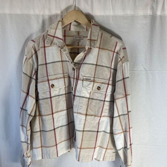 Brixton Bowery Cream/Tan Block Plaid Straight Hem Long Sleeve Flannel Sh… - Picture 3 of 10